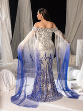Plus Graphic Sequin Evening Gown with Translucent Sleeves and High Slit – Mermaid Silhouette for Luxury Weddings or Galas, 1XL-3XL